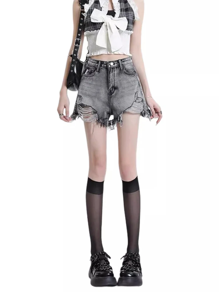 New Women Summer Sexy Hottie Shorts Fashion American Retro High Waist Tassel Hole Denim Shorts Casual Loose Fit Thin Shorts