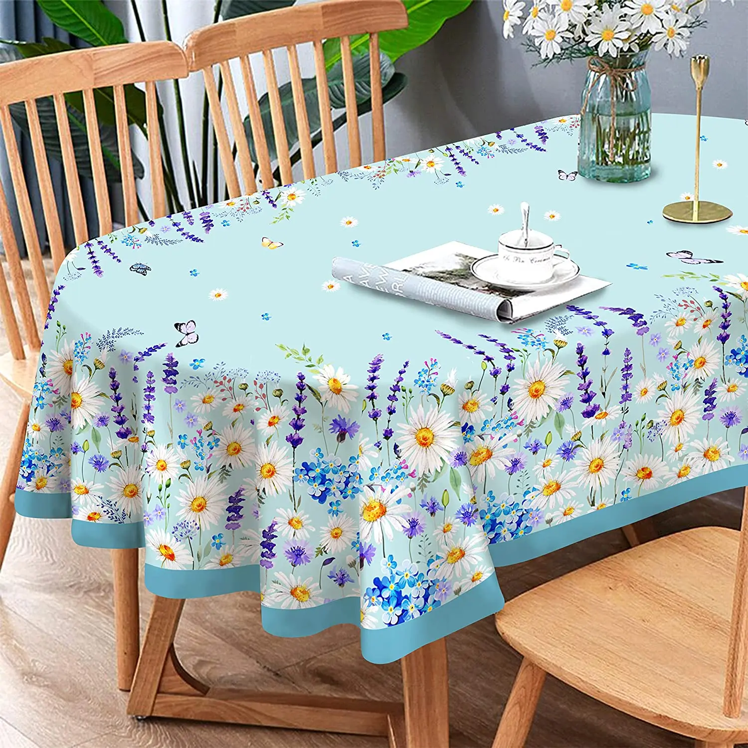 Spring Blue Daisy Floral Butterfly Rectangle Tablecloth Kitchen Table Decor Waterproof Table Cover for Holiday Party Decorations