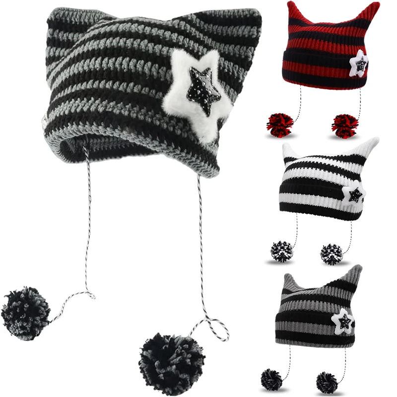 

Winter Knitted Cat Ears Hat New Korean Style Handmade Crochet Acrylic Striped Autumn Beanies Warm Soft Bonnet Skullies Cap Gift