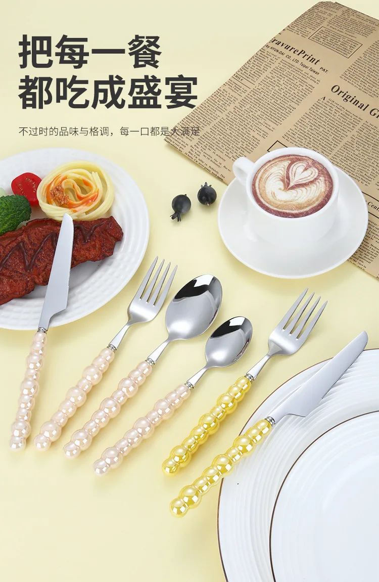 Description Picture 4 of item4Pcs/Set Luxury Dinnerware Stainless Steel Spoon and Fork Ceramic Pearl Handle Western Silver Cutlery High-looking Tableware
