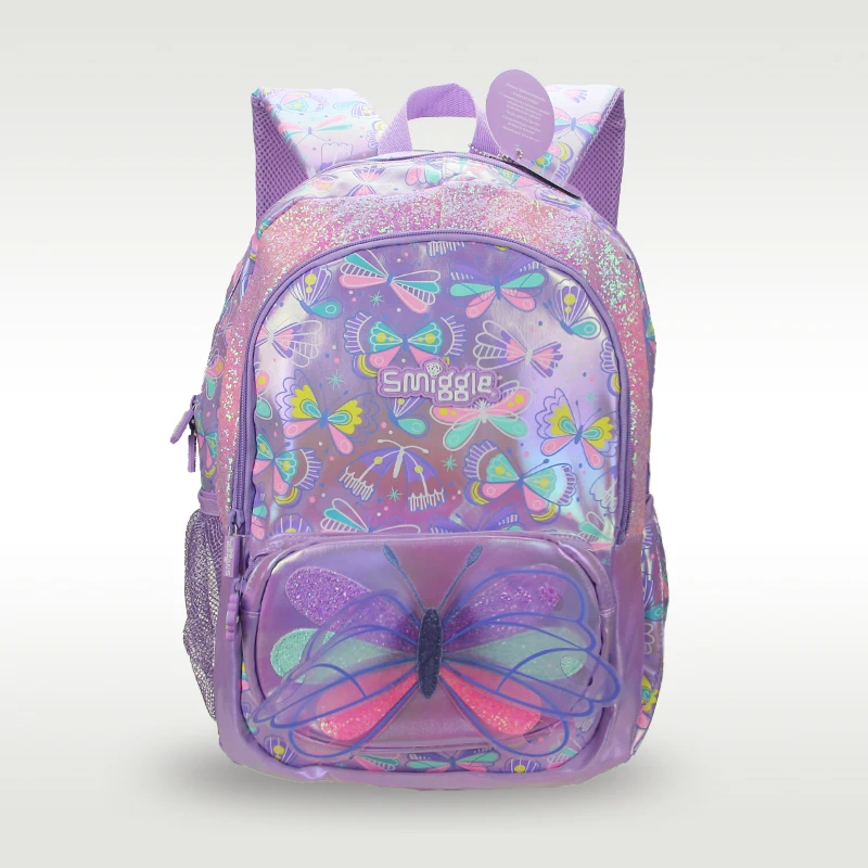 

Australia Smiggle Original Children's Schoolbag Girl Backpack Purple Butterfly Waterproof PU School Supplies 16 Inches 7-12 Year