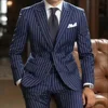 Fashion Striped Men Suits Navy Blue Chic Single Breasted Peak Lapel Outfits Smart Casual Pinstriped Male Suit (Blazer+Pants) 1