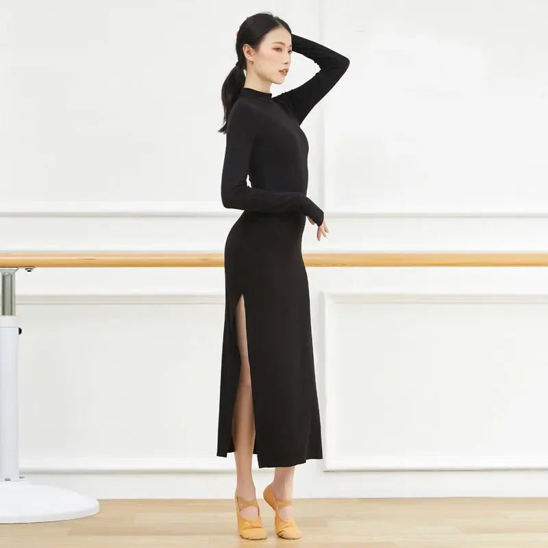 

Sexy Side Slit Slim Dance Dress Slim Knitted Long Dress Ballroom Waltz Practice Latin Dance Wear for Women Modern Costume