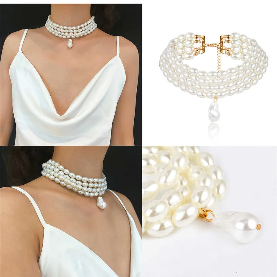 Ingemark Mode mehr schicht ige weiße Imitation-Perle Halsreif mit Metalls cheibe Fixierung breite Lätzchen Halskette Schmuck für Charme Frauen – Detail 11