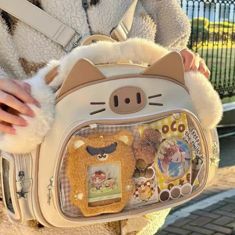 Japanese Y2K Cute Cat Ita Bag Kawaii PU Shoulder Bag Girls Transparent Pocket Crossbody Bags Harajuku Fashion Women Backpacks