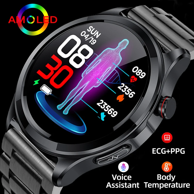 

LIGE ECG+PPG Smart Watch Mens Intelligent Voice Assistant Sports Tracker Noninvasive Blood Glucose AMOLED Screen Men Smartwatch