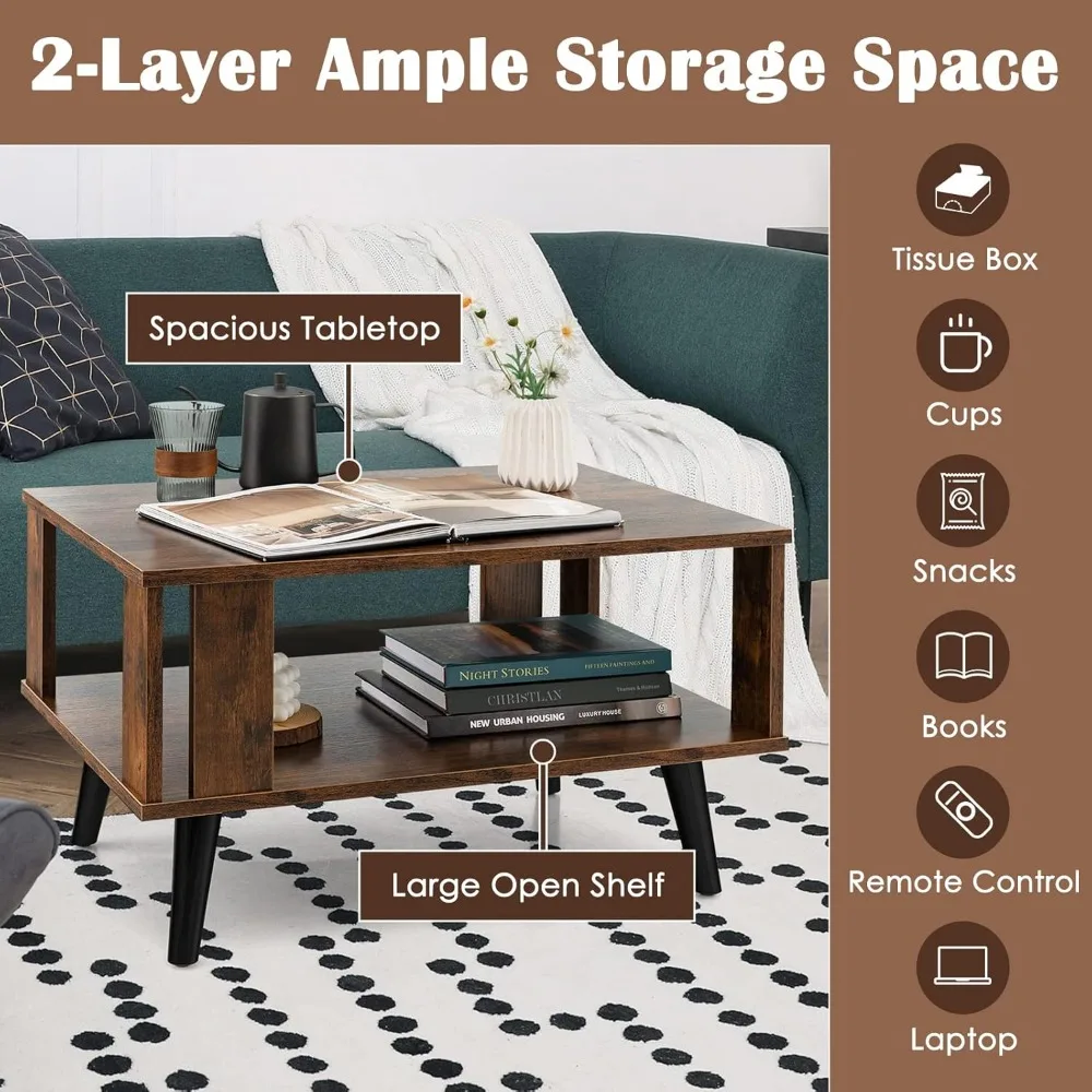 Small Coffee Table for Small Space, 2-Tier Wooden Center Table with Open Storage Shelf, Side Baffle, Easy Assembly 6