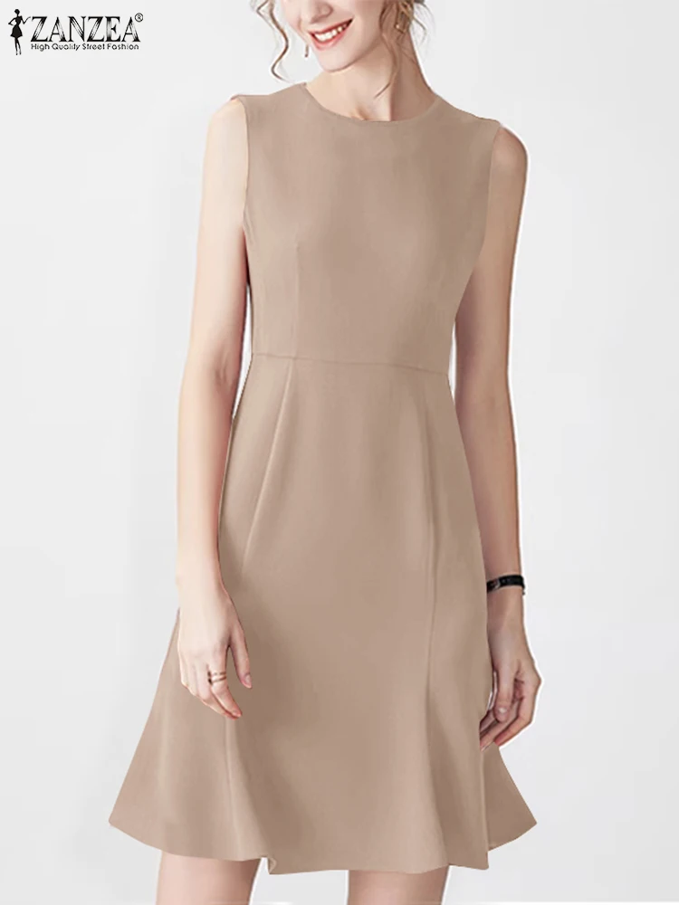 

ZANZEA O Neck Elegant Knee-length Dress 2024 Summer Waisted Casual Women Tank Dresses Sleeveless Ruffled Solid Party Vestidos