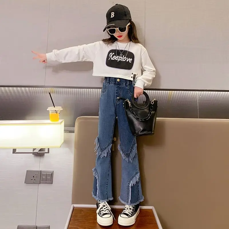 

Teenage 2023 Autumn Spring Kids Girls Clothing Sets Long Sleeve T-shirts + Loose Jeans 2PCSChildren Clothes Girls Suit 5- 14 Y