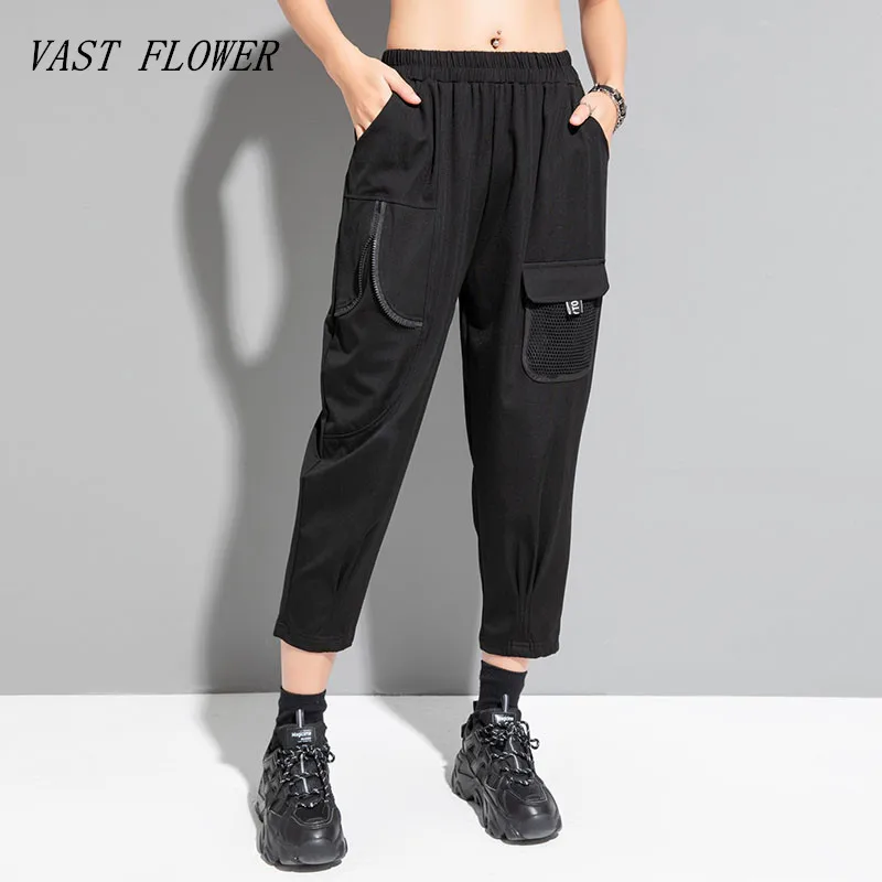 

black Vintage embroidery Elastic high Waist Pocket Casual loose summer Harem Pants Women Trousers 2023 clothes Streetwear