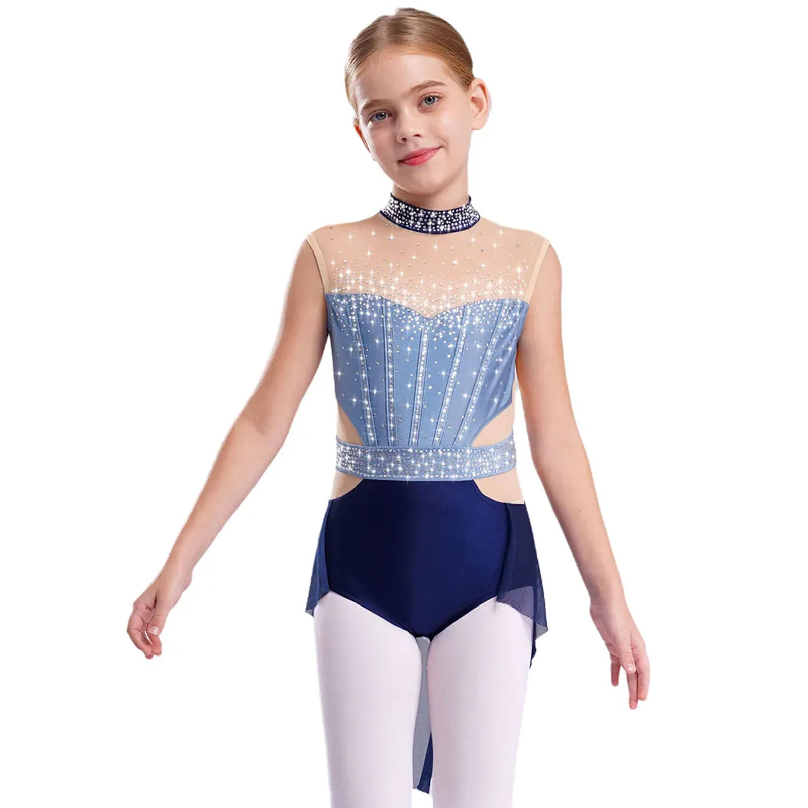 Body Da Ginnastica Per Bambina, Collo Alto Con Brillantini, Schiena In Rete, Manica Lunga, Per Danza, Balletto E Gare, Tessuto Traspirante, Taglie 5-16 Anni