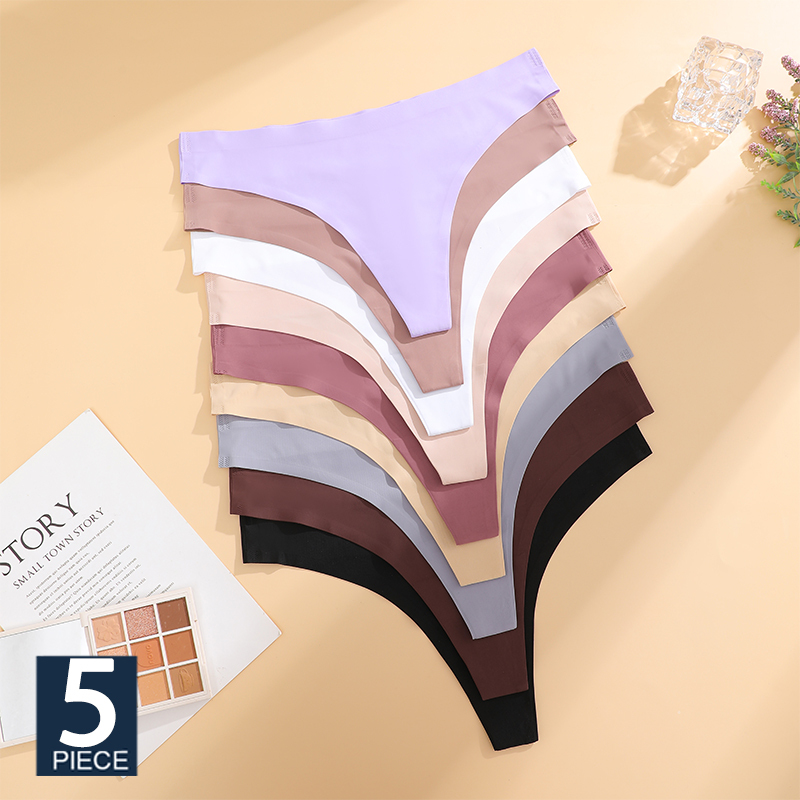 FINETOO 5PCS Ultra-thin Seamless Thongs Lady Invisible Panties Ice Silk Underwear Low Waist Breathable Bikini Stretchy G-String