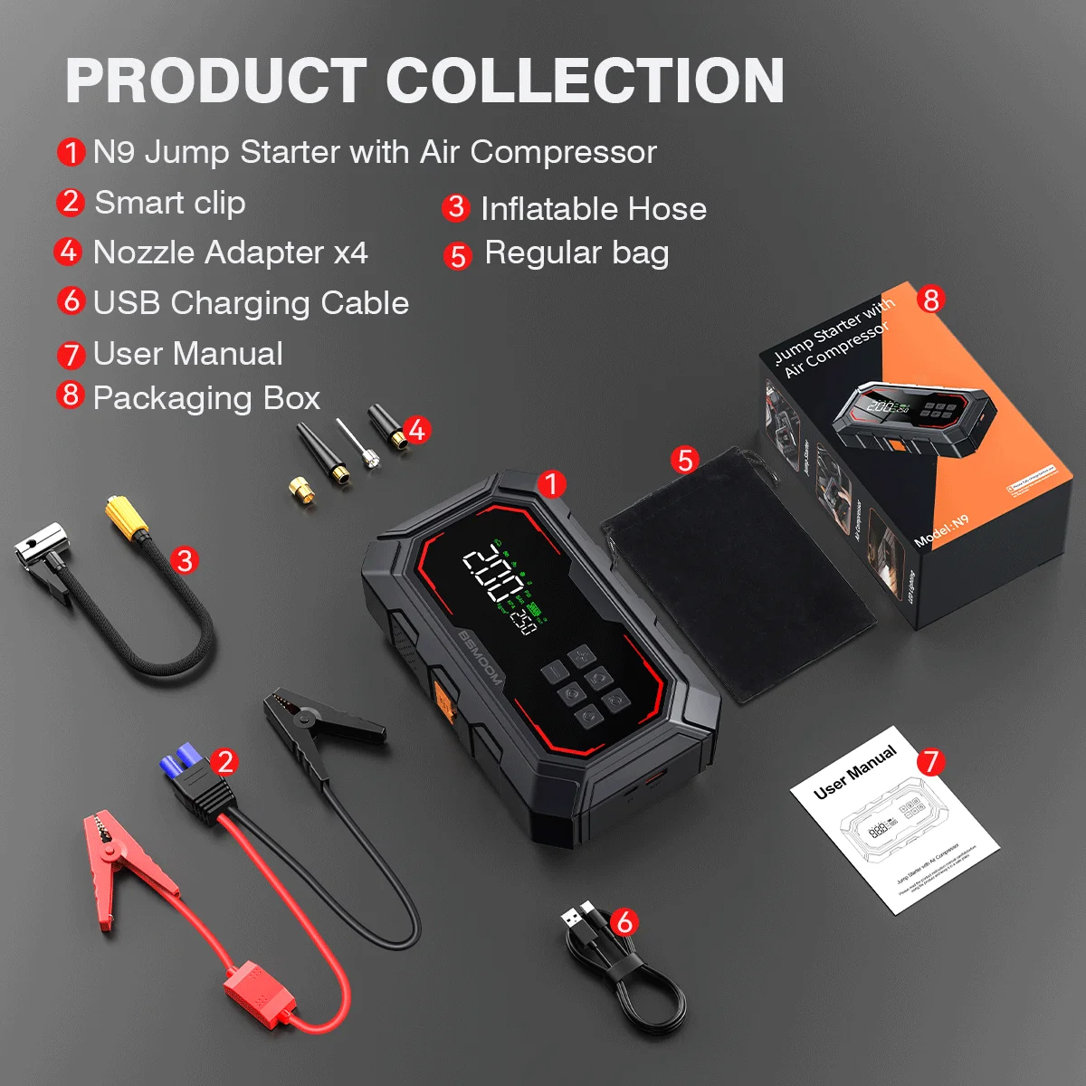 1000A/1500A PEAK Starthilfegerät mit Luftkompressor, Auto-Batterie-Booster, 150PSI Luftpumpe, tragbare Powerbank, Reifenfüller – Detail 7