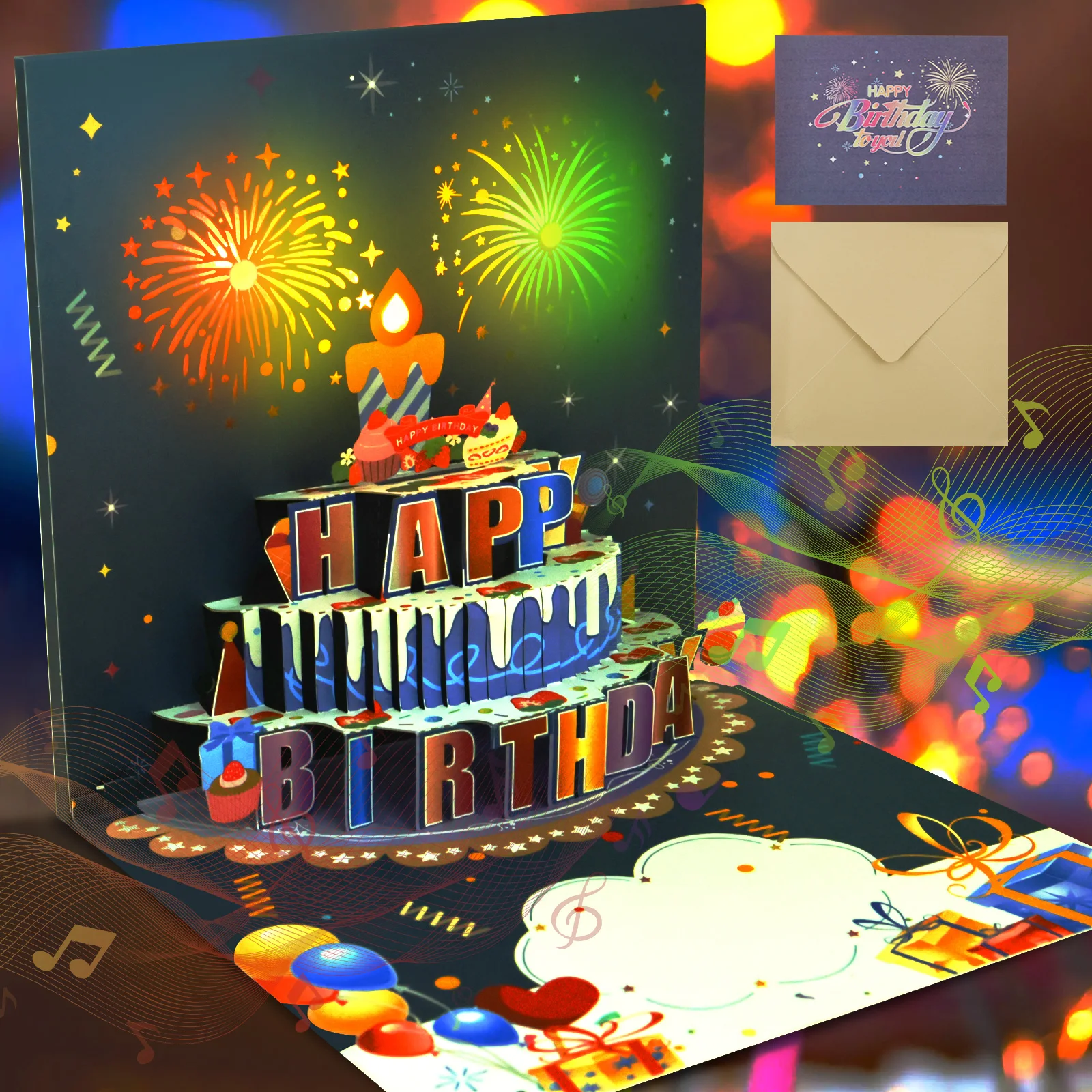 thumbnail image 2 of Happy Birthday Card With Fireworks Cake 3D Pop Up Gift 2 of 13