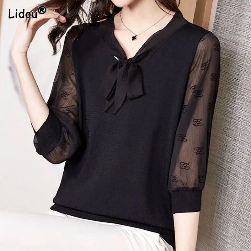 Lace-up Bow Pullover Chiffon Gauze Spliced Women Blouse Hollow Out Printing Thin Office Lady Spring Summer Plus Size Elegant