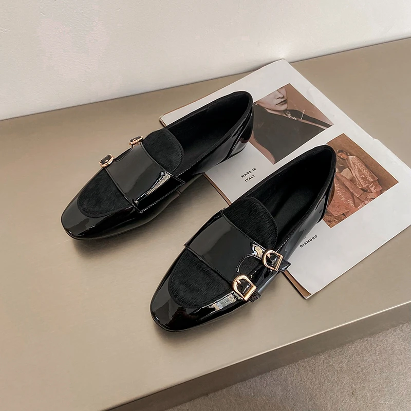 Women's New Spring and Autumn Round Head Genuine Leather Cowhide Low Heel Comfortable Soft Metal Belt Buckle Mom's Single Shoes