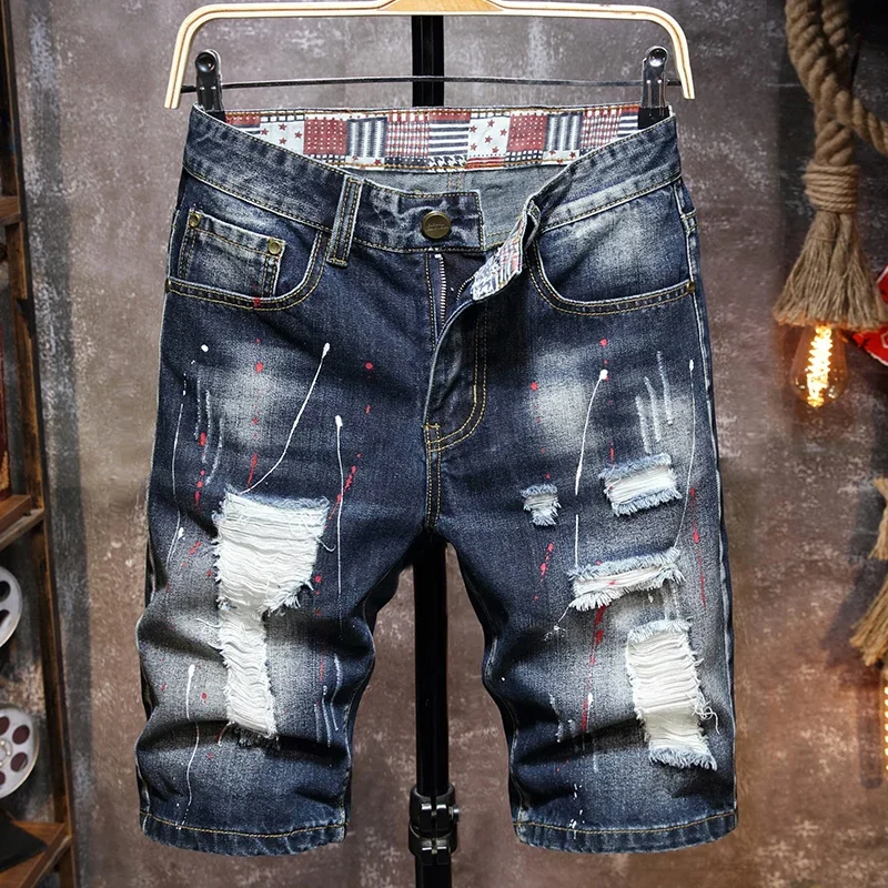Summer summer jeans shorts Men's Graffiti Ripped Casual Slim Big Hole Retro Style Denim Shorts Male Brand Clothes
