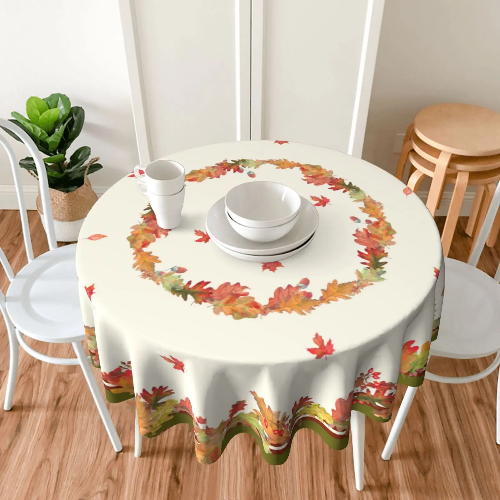 60 Inch Round Fall Tablecloth - Thanksgiving Maple Leaf Pattern Washable Table Cover For Indoor Outdoor