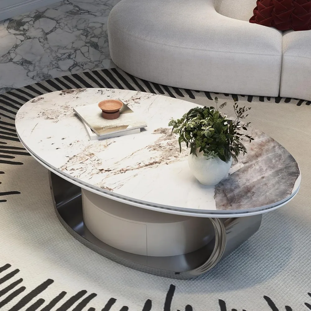 55" Modern Oval Coffee Table with Abstract Metal Base, Sintered Stone Top,Drawer for Living Room-Gary, Coffee table 5