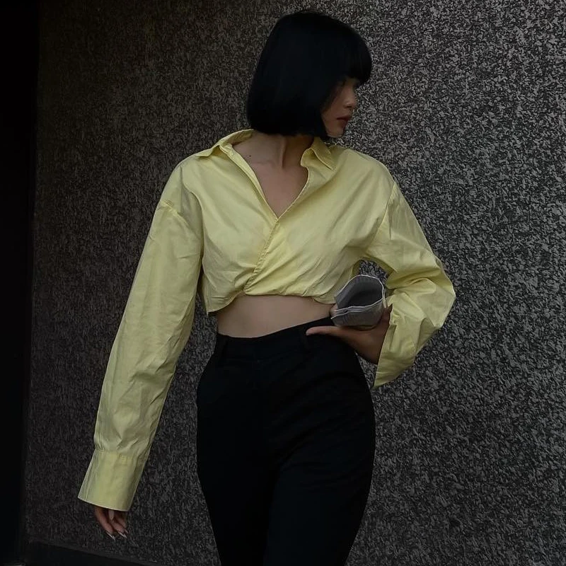

Vintage Solid Half Open Collar Women Blouse Crop Tops Sexy Lace Up Casual Female Short Shirt Summer Yellow