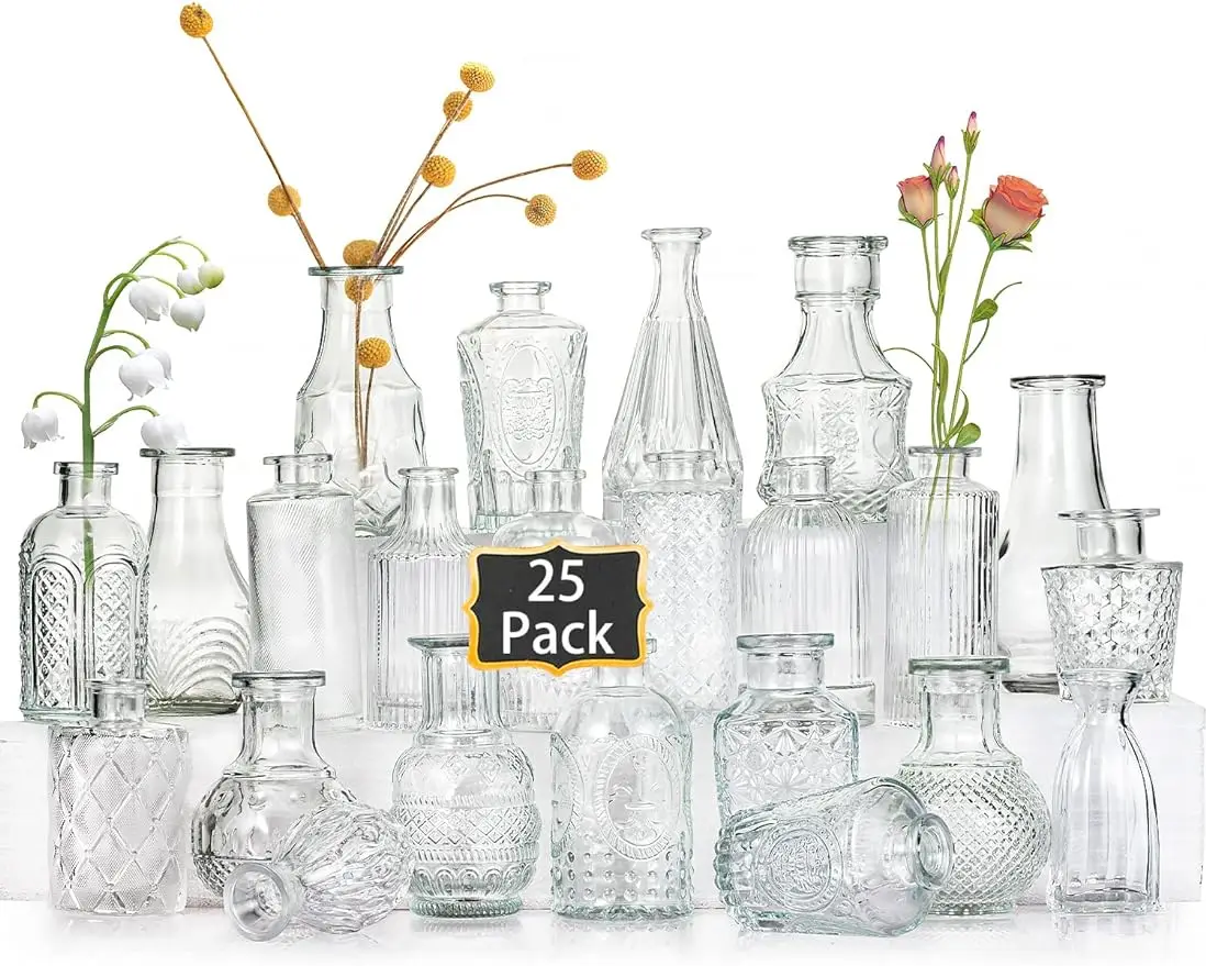 

Glass Bud Vases Set of 25 Small Clear Vases for Flowers Vintage Vases in Bulk for Centerpieces Mini Glass Vase Assorted