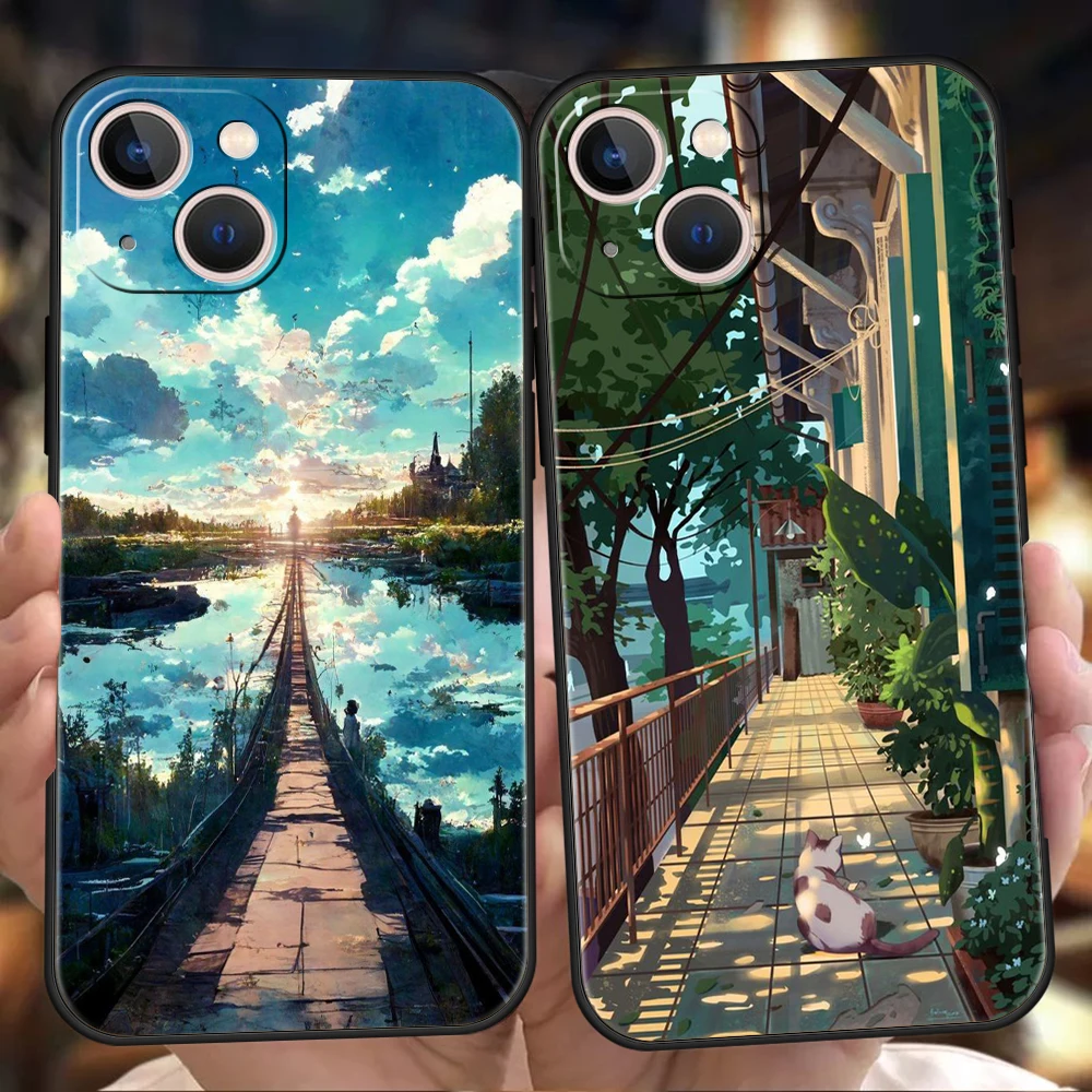 Japan Anime Landscape Luxury Phone Case - Premium Silicone Black Cover