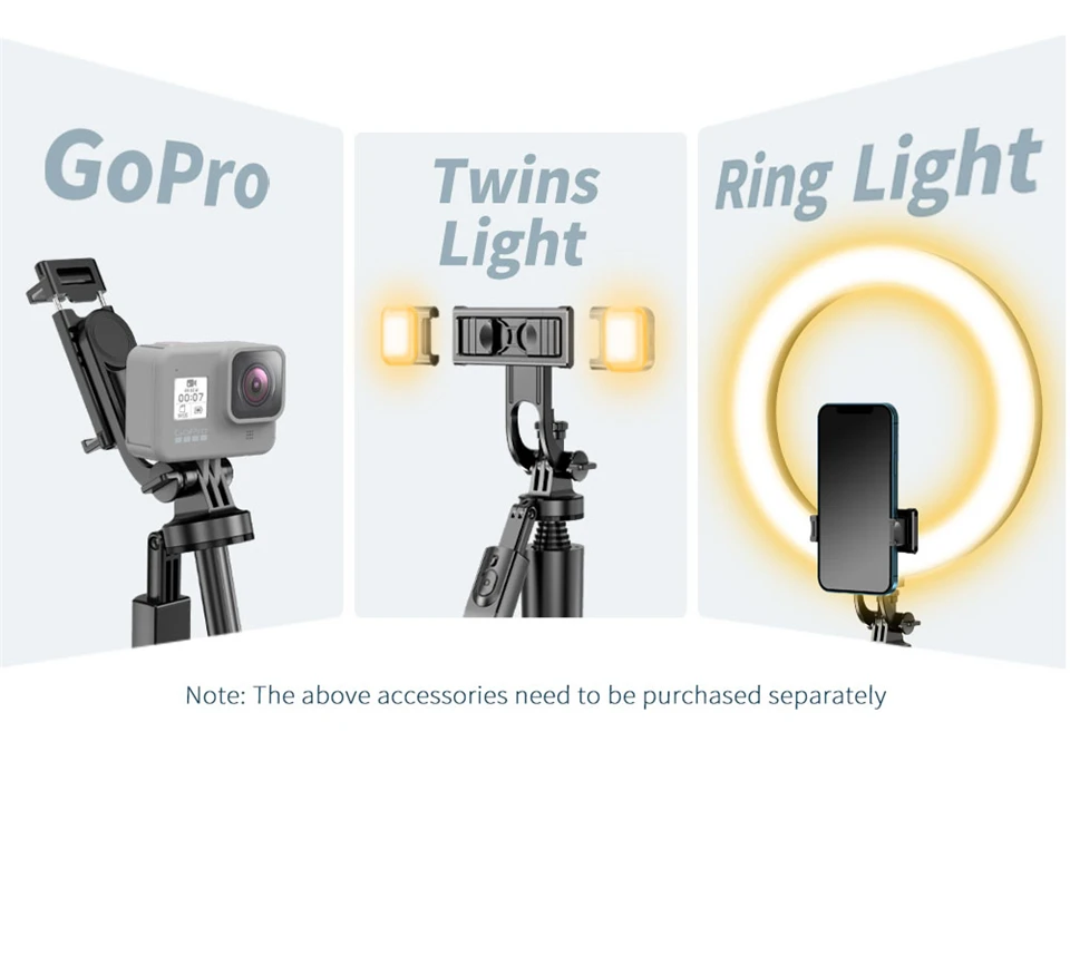 com obturador bluetooth para câmaras gopro e smartphones, 1530mm, 1530mm