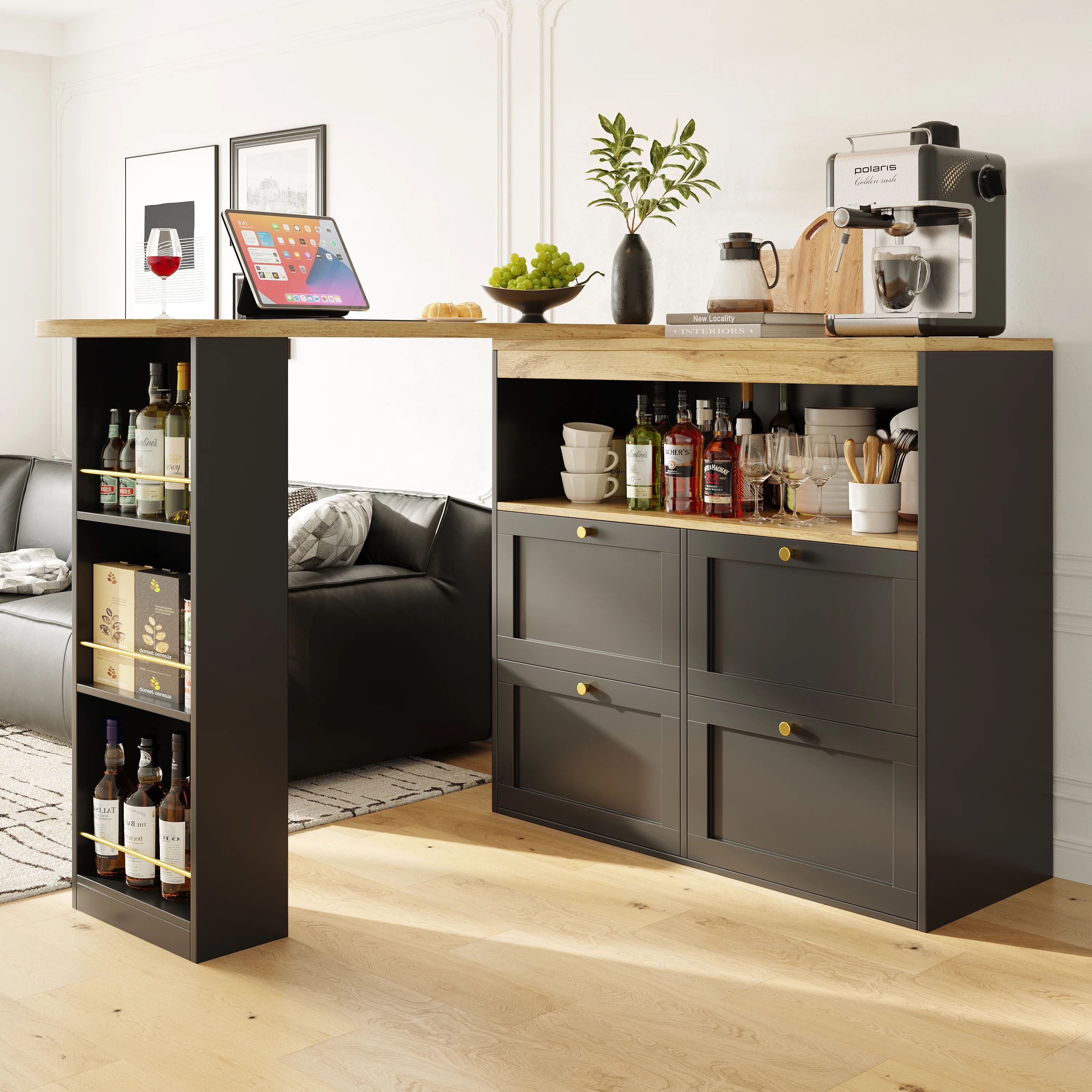 360 ° Drehbarer Bartisch (Hauptkörper 105 x 39 x 102 cm), mit 4 Schubladen und offenen Regalen, geeignet für Esszimmer/Arbeitszimmer/Wohnzimmer – Detail 10