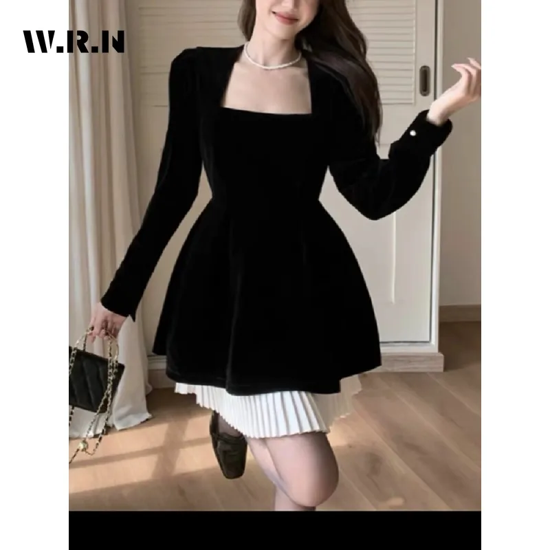 

Fairy Sweet Style Long Sleeve Patchwork Mini Evening Dresses 2023 Winter Women Elegant Square Collar Princess A-Line Dress