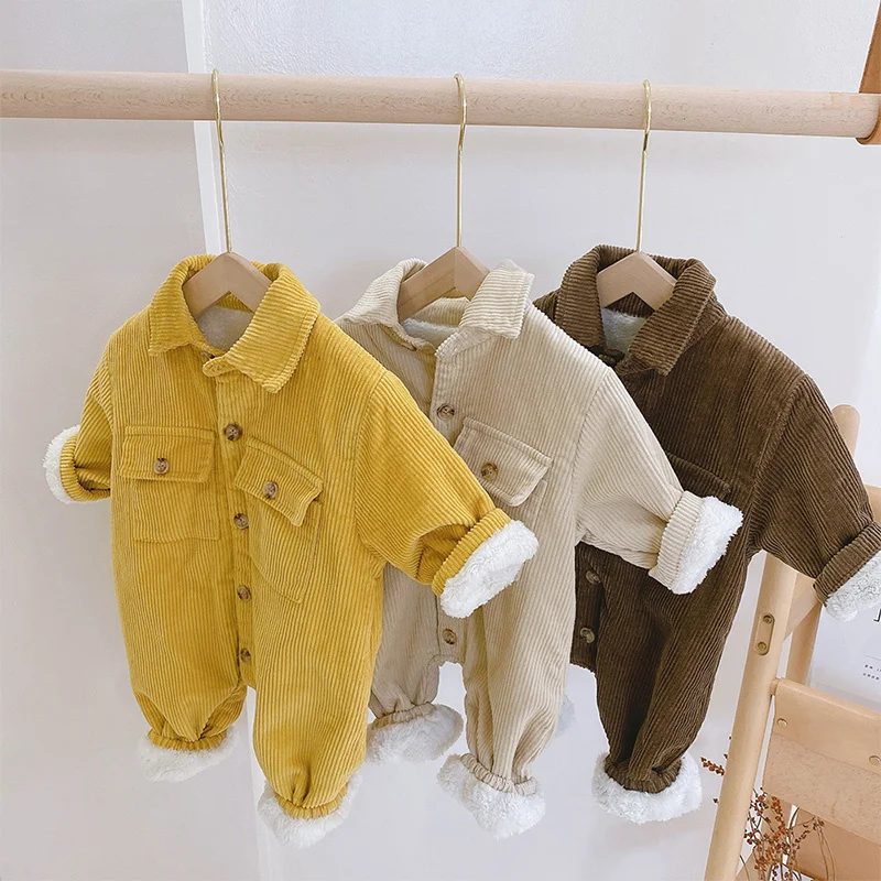 

New Autumn Winter Jumpsuit For Kids Overalls Fleece Lining Toddler Rompers Playsuits Thicken Baby Girl Boy Clothes Infant Onesie