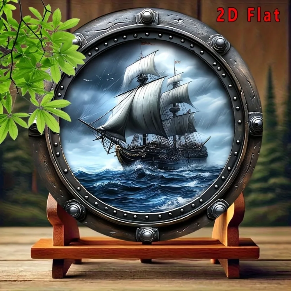 1개 8x8인치(20x20cm) 원형 2D 평면 장식 사인 - 바다 폭풍의 천공에서 보이는 2D 해적선, 방 장식에 적합