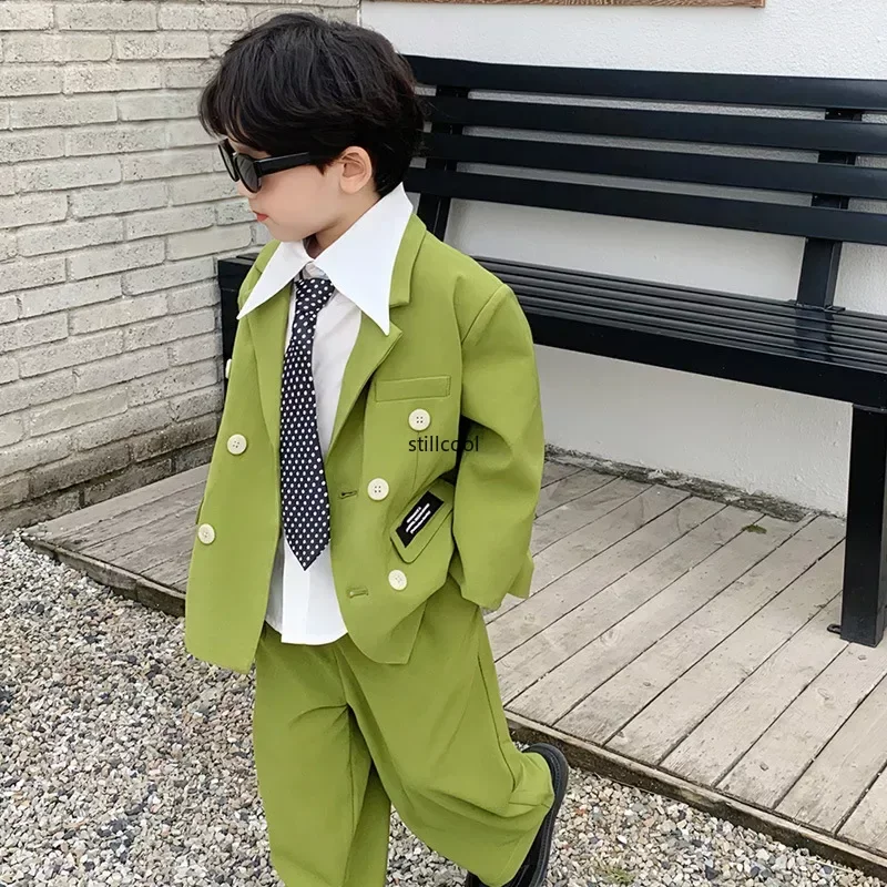 

Boys Blazers Set Casual Jacket Trousers Two Piece School Uniform for Kids Handsome Double-breasted Flower Child Wedding Costume