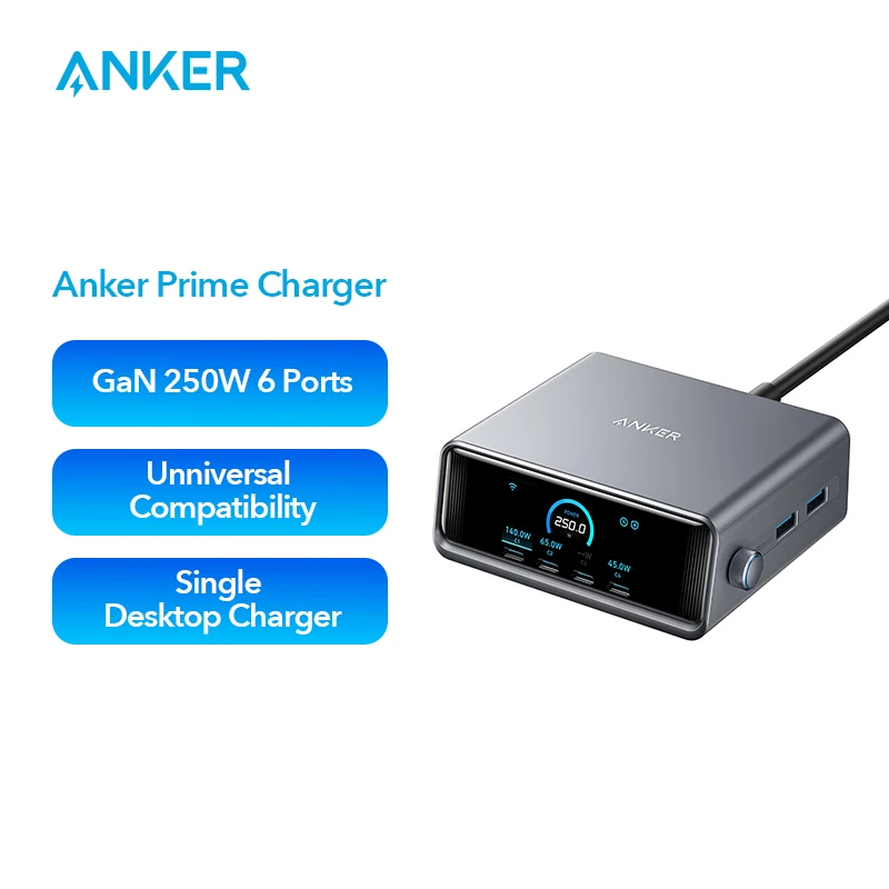 Anker Prime Charger, 250W GaN Prime USB C Charging Station