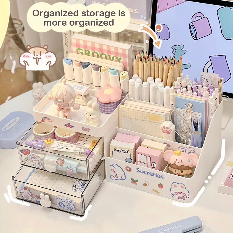 Desktop Cosmetic Storage Box Organizer Drawer Office Storage Rack Stationery Desk Pen Holder Bunny Drawer Organizer Cute Kawaii pen holder desktop storage box stationery organizer desktop storage shelf