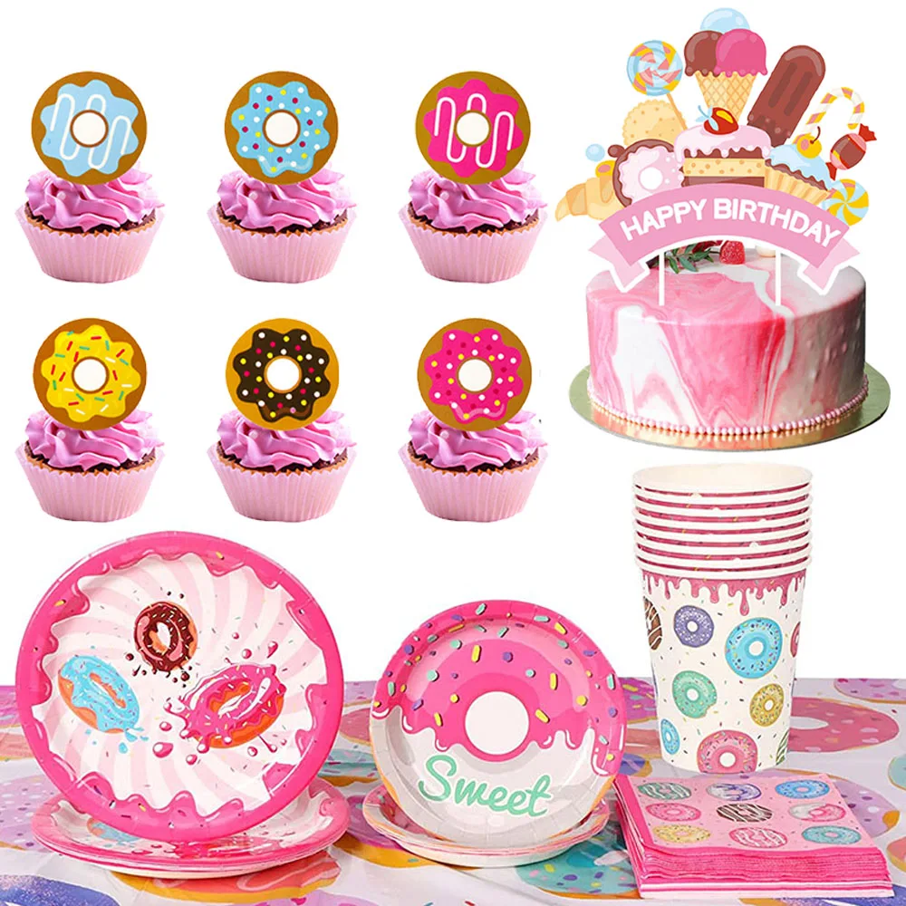

Donut Party Decor Happy Birthday Banner Cupcake Toppers Sweet Theme Cake Decoration for Girls Donut Birthday Party Supplies