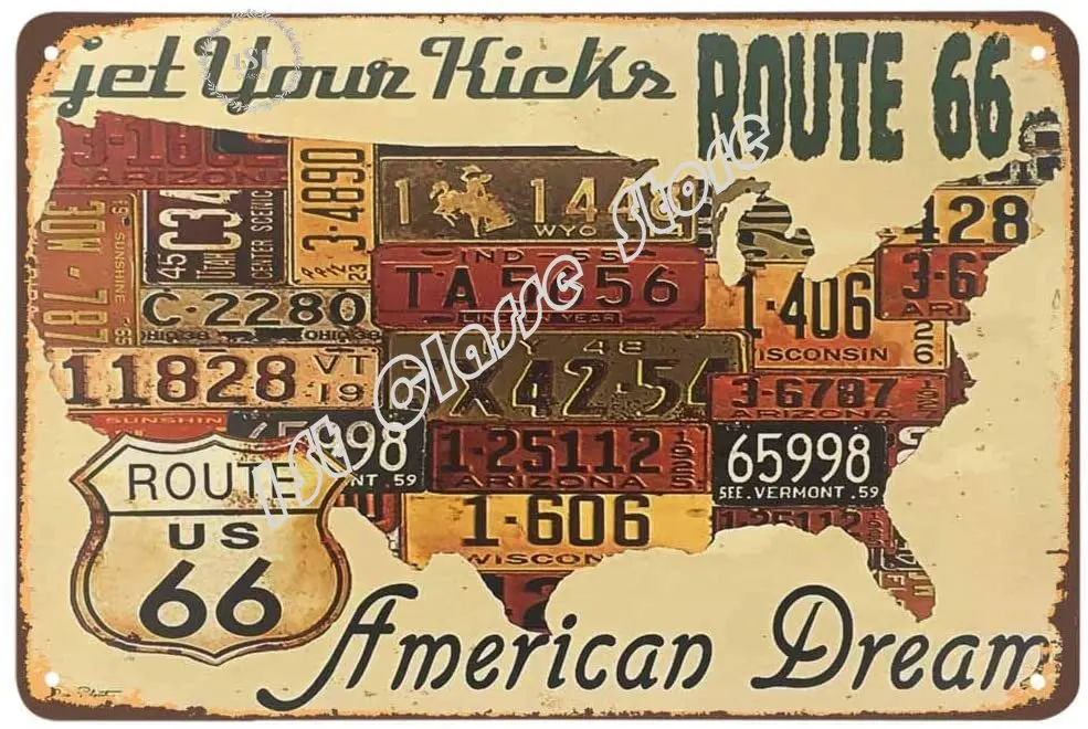 

Map Tin Sign,Get Your Kicks Gold Route 66 American Dream Vintage Metal Tin Signs for Cafes Bars Pubs Shop