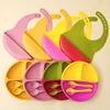4PCS Baby Silicone Tableware Sets Contrasting Colors Dining Sets Suction Plate Waterproof Bib Portable Baby Spoon Fork 3