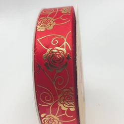 Gold and Silver Foil Rose Floral Satin Ribbon - 25mm, Elegant DIY Packaging Accessory - 48yards (21 red)