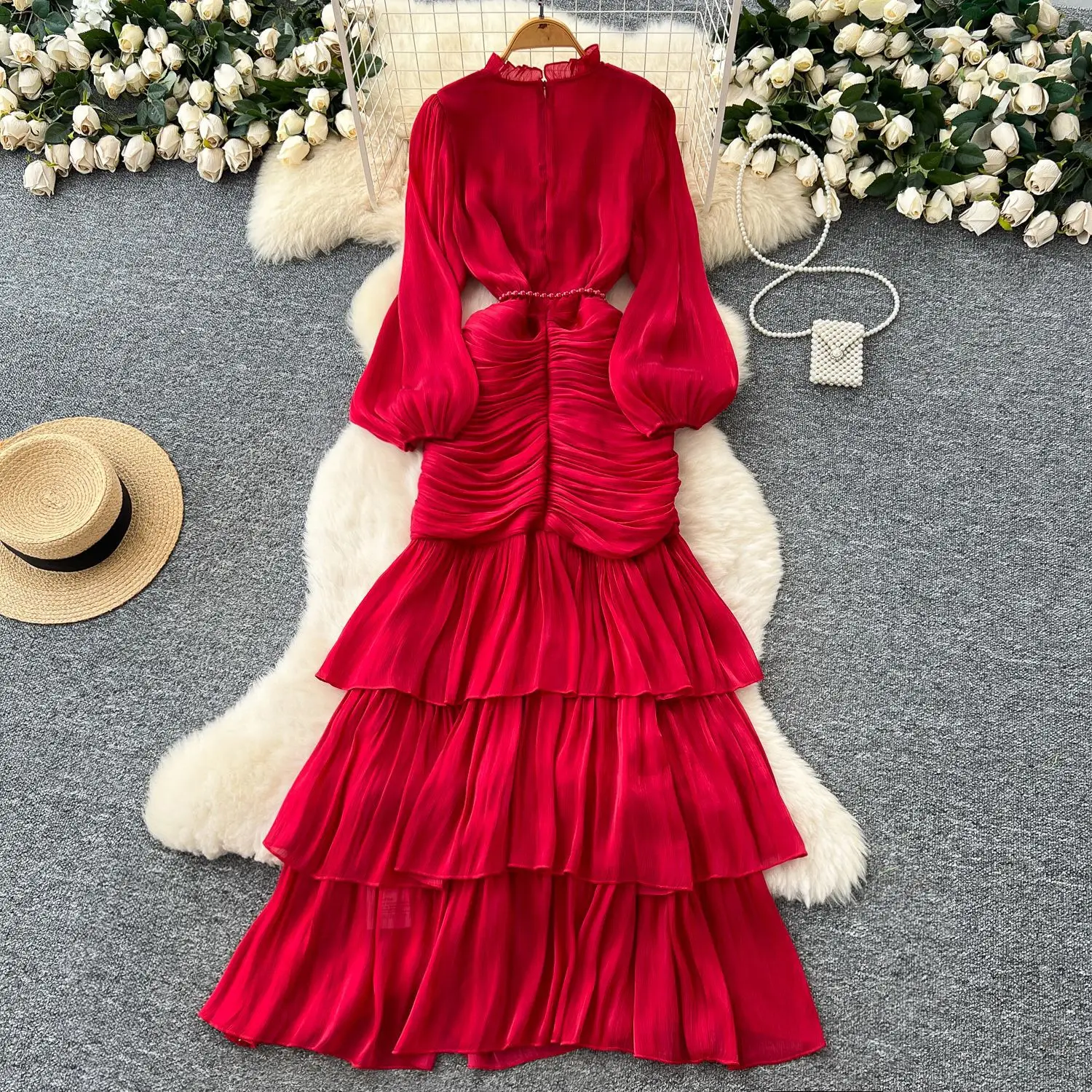 Spliced Lace Dresses Lantern Sleeve Ankle Length Dress Women Solid Party Dress Sexy Wrap Buttocks 2025 Autumn High Waist