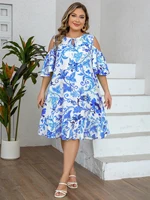 Plus Size Women's Green Floral Cold Shoulder Ruffled Sleeve Tie Dress Casual Slimming Vacation Style - Image 4