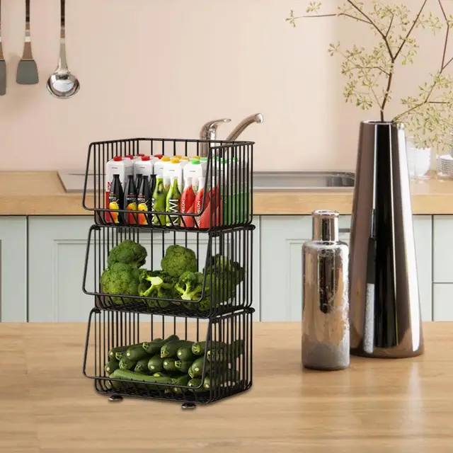  Cesta de frutas y verduras de 2 niveles montada en la pared,  cestas de almacenamiento de alambre para encimera, contenedor apilable  desmontable, organizador de cocina, cesta de despensa para aperitivos,  alimentos