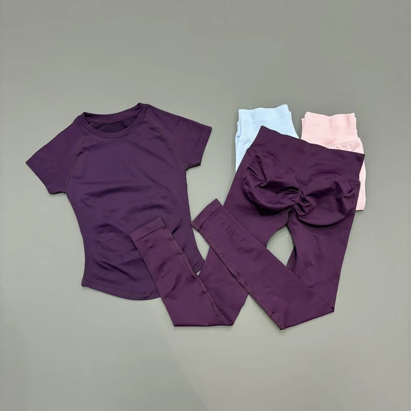 2-teiliges HISTELLO Sportbekleidungsset für Damen, kurzärmelig, nahtlos, niedrige Taille, Leggings, Gym, Yoga, Fitness, Laufen, tägliches Workout-Set