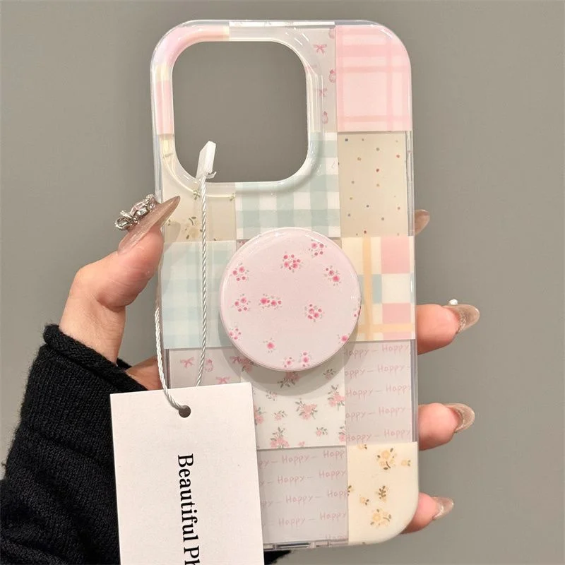 Chic Floral Grid Phone Case with Holder Attachment