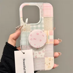 Chic Floral Grid Phone Case with Holder Attachment - iPhone 15 Plus (SMT2263 Color)