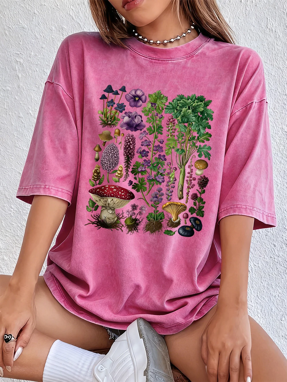 Floral & Mushroom Print Oversized Cotton T-Shirt - Women's Casual Summer Top