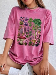 Floral & Mushroom Print Oversized Cotton T - Shirt - Women's Casual Summer Top - XXL (Rose Red)