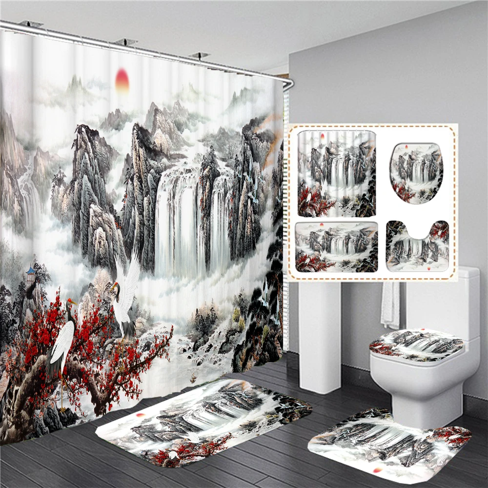

180*180cm Shower Curtain Chinese Painting Ink landscape Bathroom Curtains Set Bath Mats Rugs Toilet Lid Cover Anti-slip Carpet