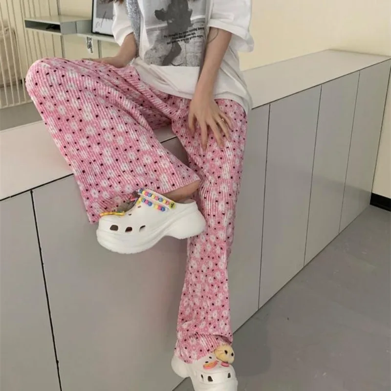 2024 Women's Summer New Korean Commute Elasticized High-waisted Printed Polka Dot Tie Dye Straight Sweet Casual Wide Leg Pants