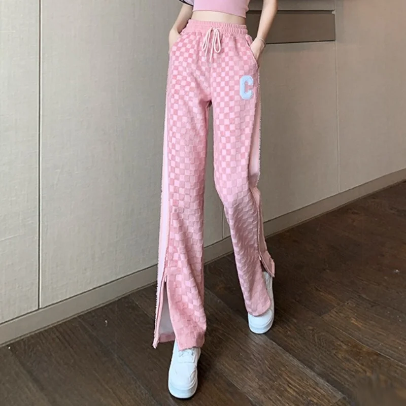 Pink Checkerboard Wide leg Pants Plaid Pants Straight  High Waist Women Spring Autumn Thickened Loose Korea Fashion Sweet Pants