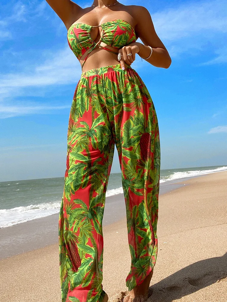 

3PCS Leaves Print Mesh long Trousers Bikini Women Swimsuit Female Swimwear Three-piece Bikini Set Bathing Suit Swim Beach Wear